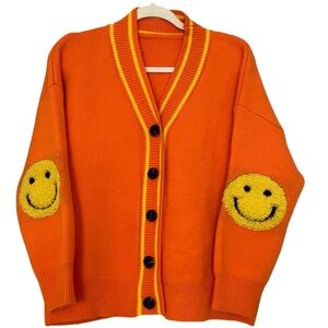 Vintage Orange Cardigan with Smiley Face Elbow Patches